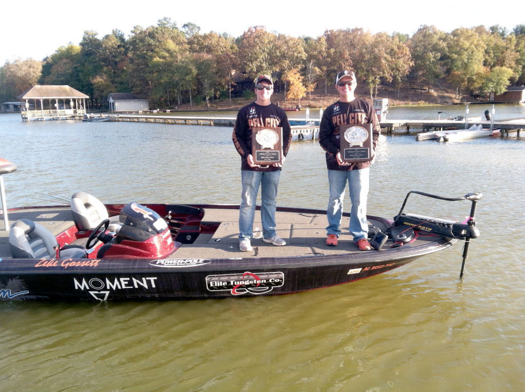 Hayden Bartee and Zeke Gossett, Pell City High School Bass Team, show off their freshly won first place trophies. Chris Mitchell photo