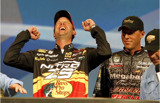 The 2014 GEICO Bassmaster Classic field includes top pros who have proven themselves in past competition. Above: Kevin VanDam, a superstar of the sport, celebrates his win at the 2011 Bassmaster Classic as 2013 Toyota Angler of the Year Aaron Martens looks on.  Photo by Bassmaster 