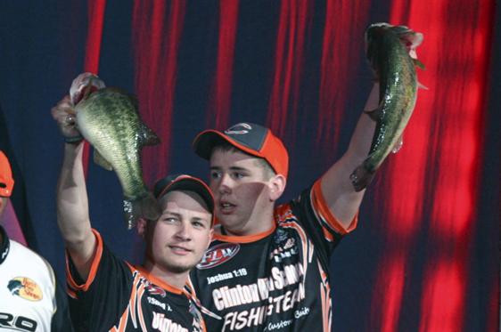 Jake Lee and Jacob Mashburn of Clinton High School in Tennessee took the trophy in Saturday's high school exhibition tournament after catching 21 pounds of Lay Lake bass and crossing the stage at the GEICO Bassmaster Classic presented by GoPro and Mountain Dew.  Photo by Darren Jacobson/Bassmaster 