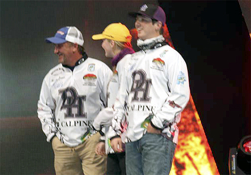 The Fishing Eagles were the first team to weigh-in for the Bassmaster Classic Student Angler Exhibition Tournament. (L-R) Norman Brown, boat captain, Brianna Tucker and Mitchell Gowen. SFN photo Don Gowen