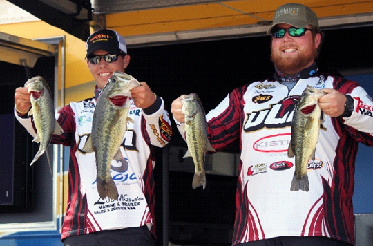 Dustin Perkins and Trapper Munn of the University of Louisiana at Monroe win the 2014 Carhartt Bassmaster College Series Central Regional on the Ouachita River.   Photo by Shaye Baker/Bassmaster