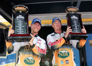 A member of the 2013 national championship team, Jacob Nummy (left) of Auburn University at Montgomery is one of 167 anglers that will compete in the July 31-Aug. 2 Carhartt Bassmaster College Series National Championship on Chatuge Reservoir out of Young Harris, Ga.  Photo by Shaye Baker/Bassmaster