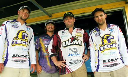 The Top 4 college anglers move on to the second day of the Carhartt Bassmaster College Series Classic Bracket. From left to right: Bentley Manning of Tennessee Tech, Zach Parker of Bethel University, Brett Preuett of University of Louisiana Monroe and Robert Giarla of Tennessee Tech.  Photo by Shaye Baker/Bassmaster