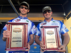 Brothers Thomas (left) and James Oltorik of Daytona State College win the Carhartt Bassmaster College Southern Regional held Jan. 3-5 on the St. Johns River out of Flagler County, Fla., with a three-day total weight of 42 pounds, 6 ounces.  Photo by Shaye Baker/Bassmaster
