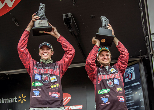 of Patrick Walters of Summerville, South Carolina, and Gettys Brannon of Columbia, South Carolina, brought a five-bass limit to the scale Saturday weighing 17 pounds, 1 ounce to win the 2015 FLW College Fishing National Championship. FLW photo