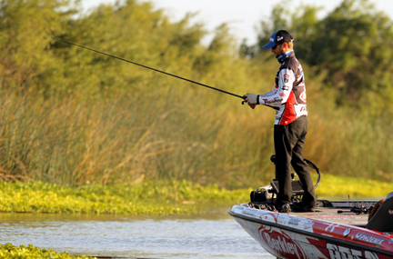 Justin Lucas of Guntersville, Ala., takes the lead on Day 3 of the Sacramento Bassmaster Elite at Sacramento River. He has a three-day total of 66 pounds, 14 ounces.  Photo by Seigo Saito Bassmaster