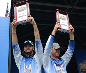 Joshua Butts (left) and Justin Rivers of Wallace State Community College-Hanceville weighed in 15 pounds Friday for a three-day total weight of 42 pounds, 5 ounces to take home the trophy in the 2015 Carhartt Bassmaster College Series Wild Card presented by Bass Pro Shops held on Lake Barkley out of Dover, Tenn.  Photo by Craig Lamb/Bassmaster