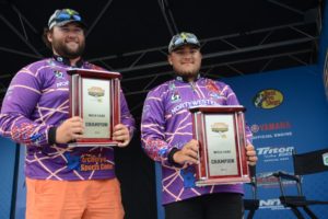 John Ledet (left) and Justin Cooper of Northwestern State University win the Carhartt Bassmaster College Series Wild Card presented by Bass Pro Shops on Lake Murray out of Ardmore, Okla., with a three-day total weight of 51 pounds, 7 ounces. Photo by Craig Lamb/Bassmaster