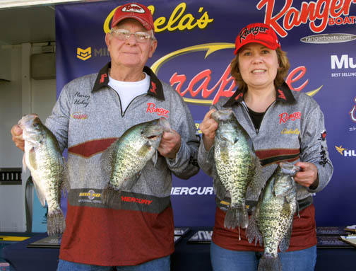 Henry and Jo Haley with crappie they caught during a Crappie USA fishing tournament on Pickwick and Wilson lakes in Sheffield Ala.